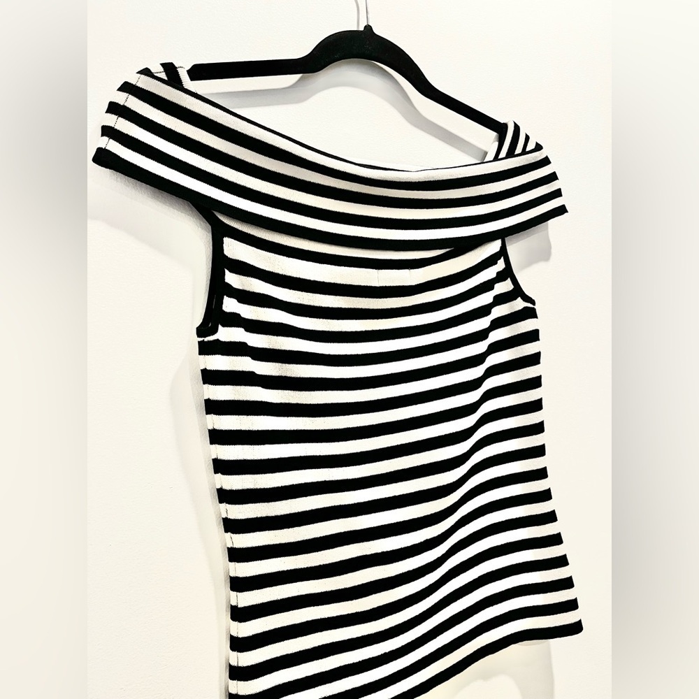 Danier Black White  Striped y2k Off the Shoulder Stretch Short Sleeve Blouse Top - Picture 4 of 5